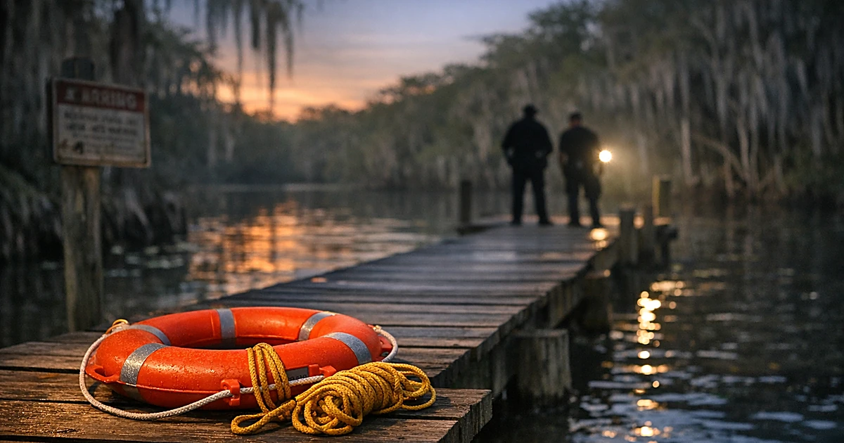 Wooden dock with emergency rescue equipment extending into dark Florida river water at dusk with cypress trees