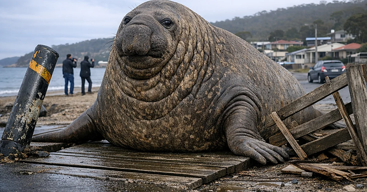Large elephant seal on boat ramp with damaged bollard and fence in small coastal town at dusk