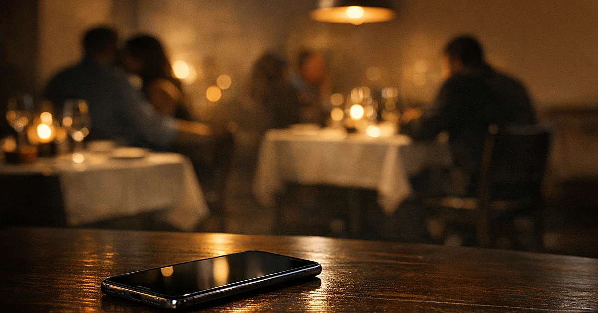 Smartphone on restaurant table with silhouetted diners in background of upscale dining room