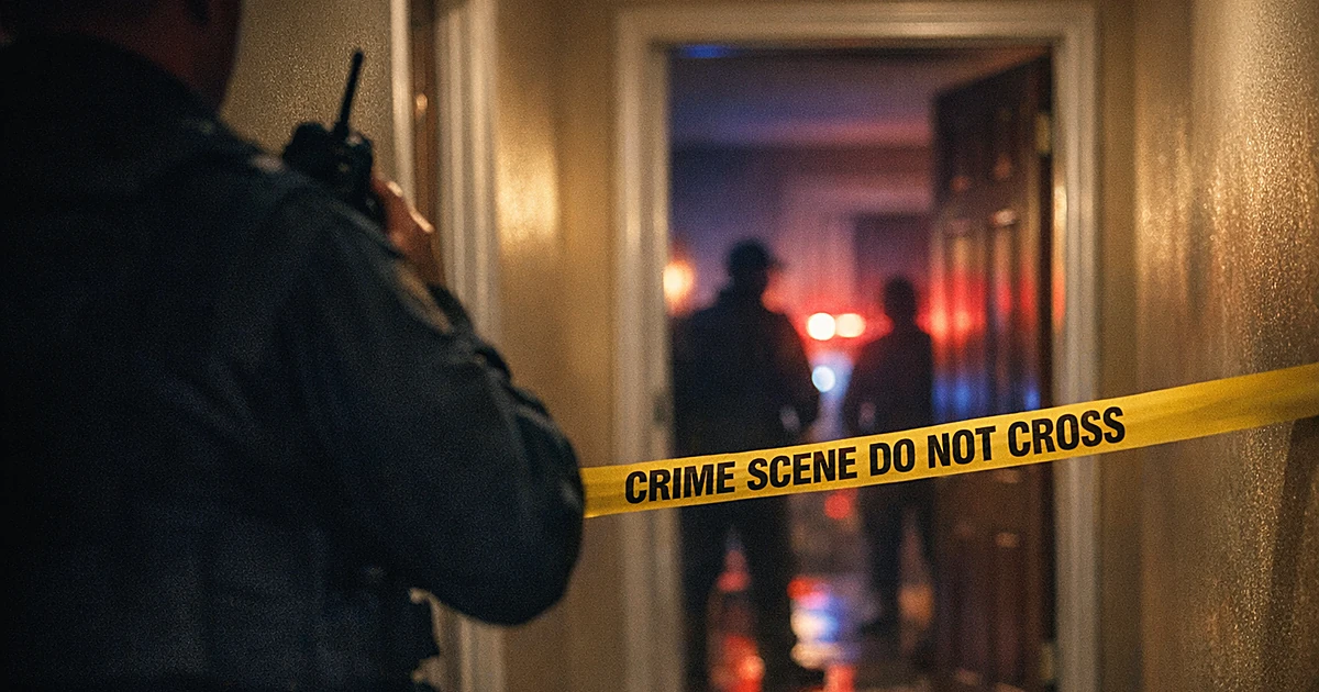Sheriff deputy silhouette with crime scene tape across residential doorway, emergency lights glowing in background