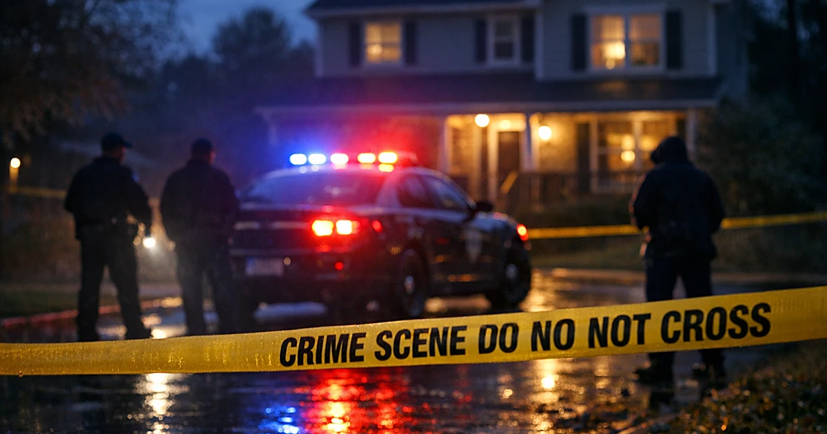 Police car with emergency lights active outside suburban home at dusk with crime scene tape in foreground