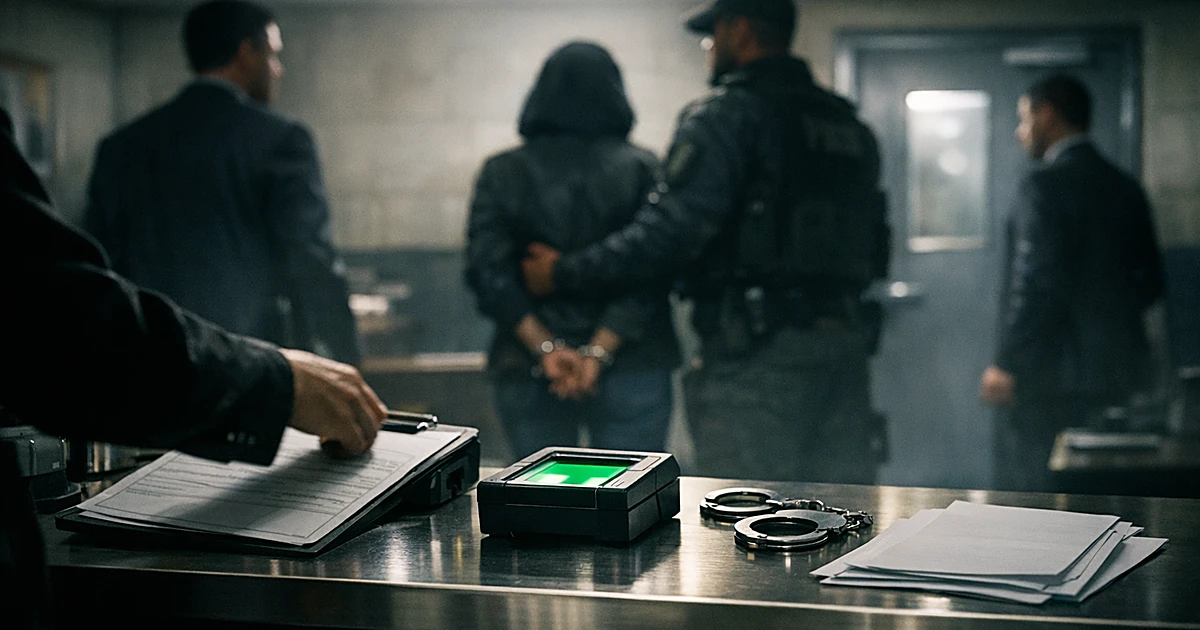 Federal booking station with processing desk and silhouetted agents in background during custody transfer