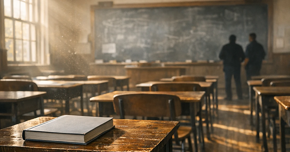 Empty classroom with wooden desks facing chalkboard, sunlight streaming through windows creating shadows on floor