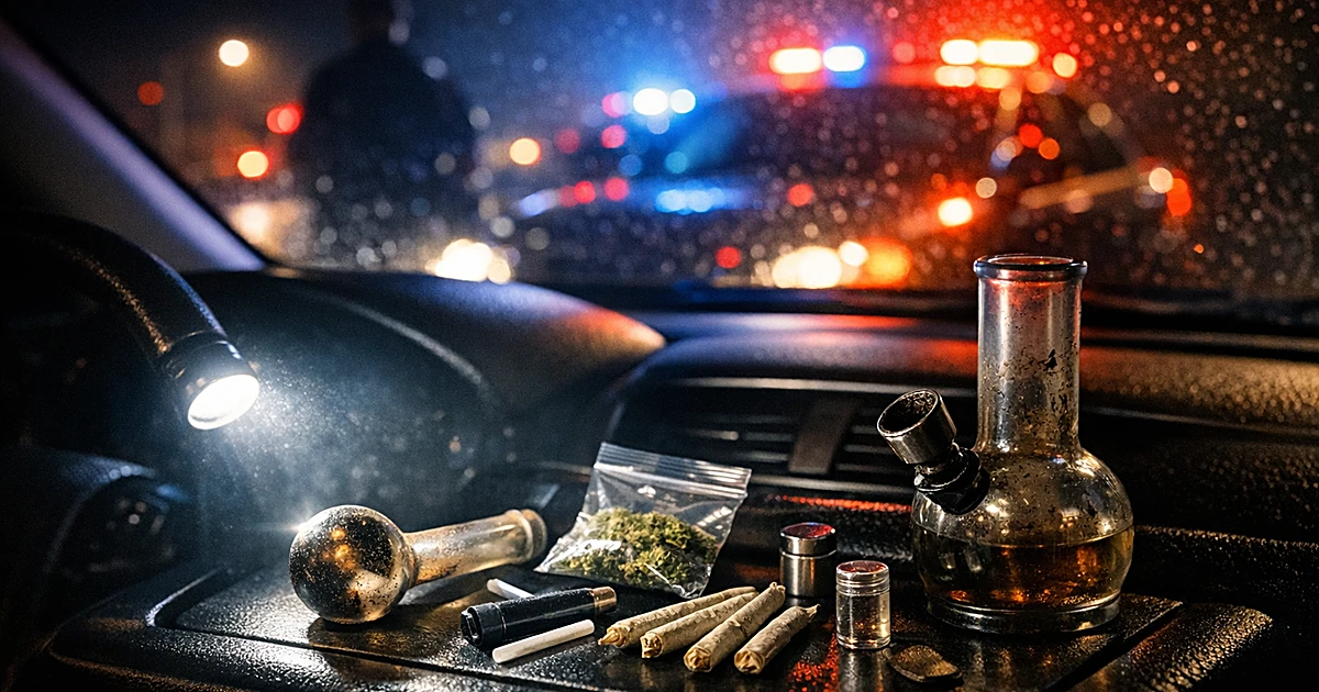 Drug paraphernalia on car console illuminated by flashlight with police lights visible through windshield at night