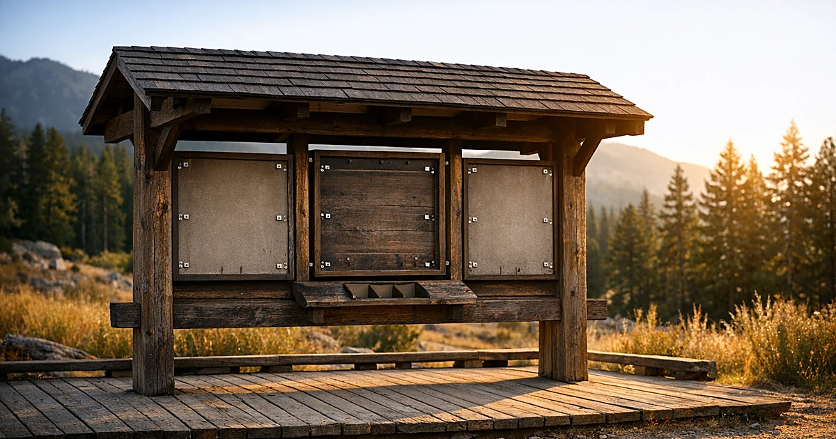 Empty National Park Service information kiosk with blank display panels in afternoon light