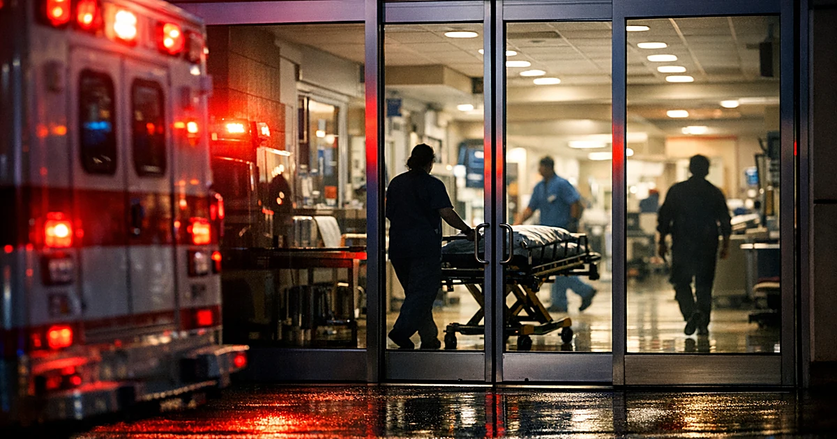 Hospital emergency room entrance at night with ambulance lights flashing and silhouetted medical staff inside