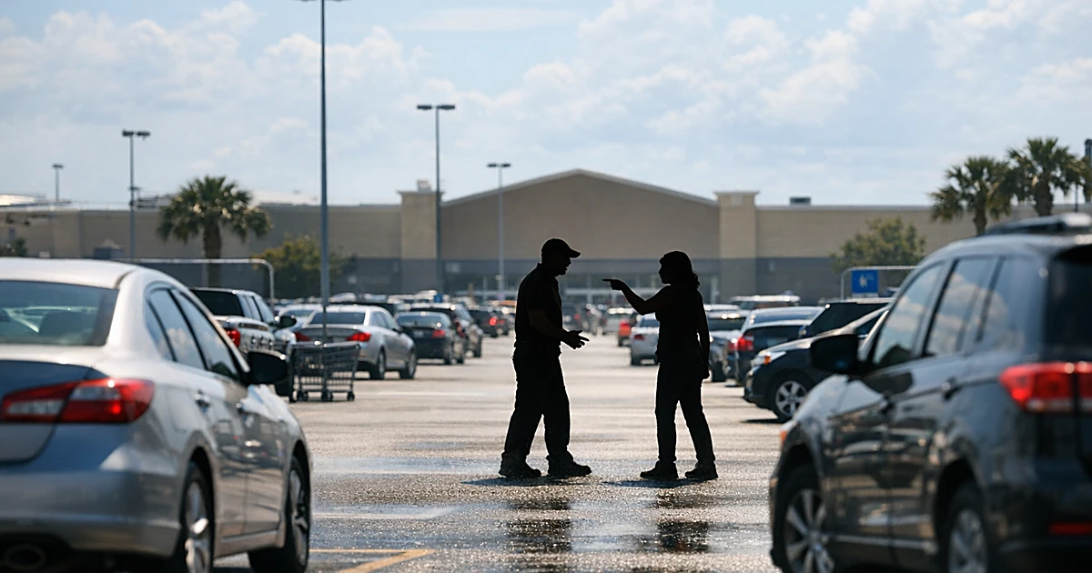 Wide view of crowded Walmart parking lot in harsh midday sunlight with silhouetted figures near parked vehicles