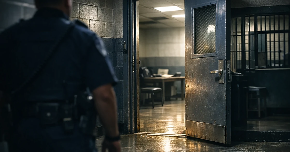 Police station booking area with officer silhouette and reinforced door in harsh fluorescent lighting