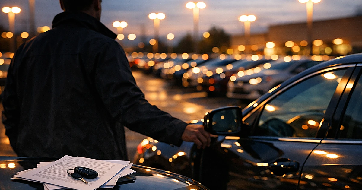 Silhouetted person at car door in dealership lot at dusk with loan papers on hood