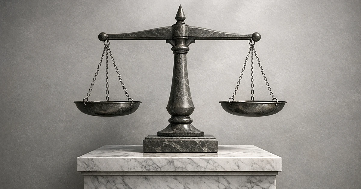 Abstract stone balance scale on marble pedestal with soft lighting representing justice and accountability