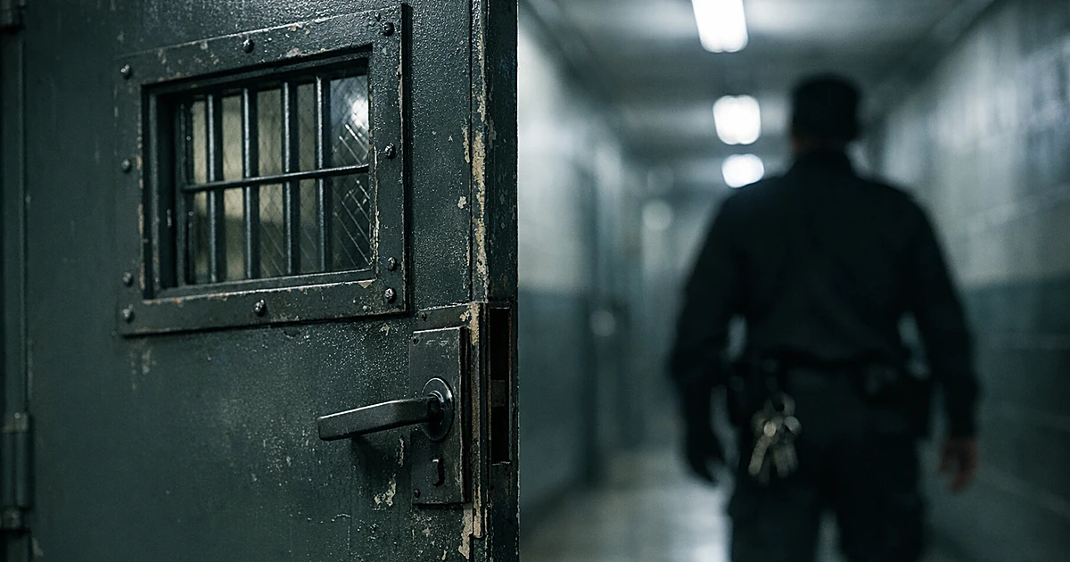 Prison cell door ajar in secure facility corridor with silhouetted corrections officer in background