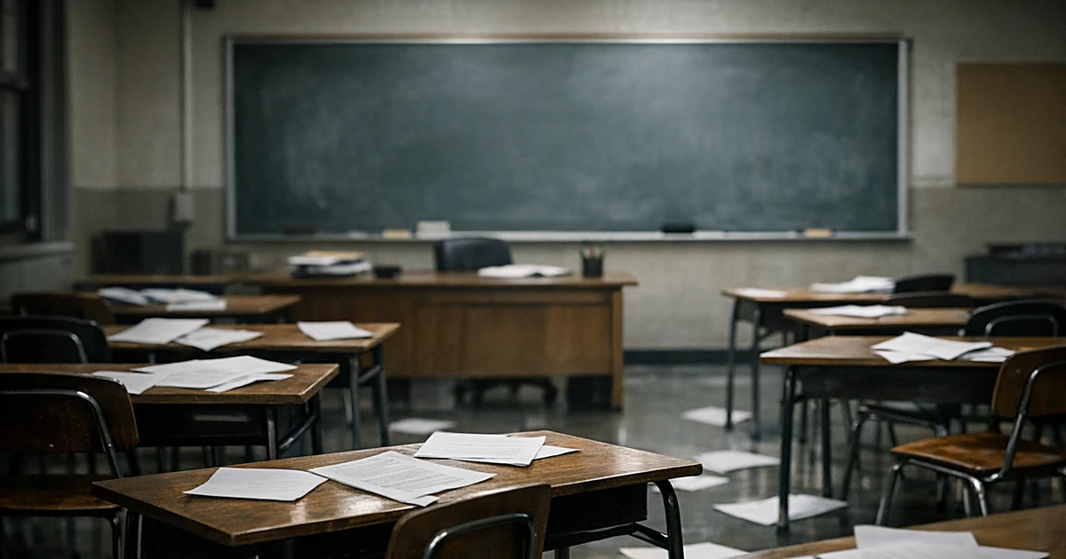 Empty classroom with scattered desks and blank chalkboard in dim institutional lighting