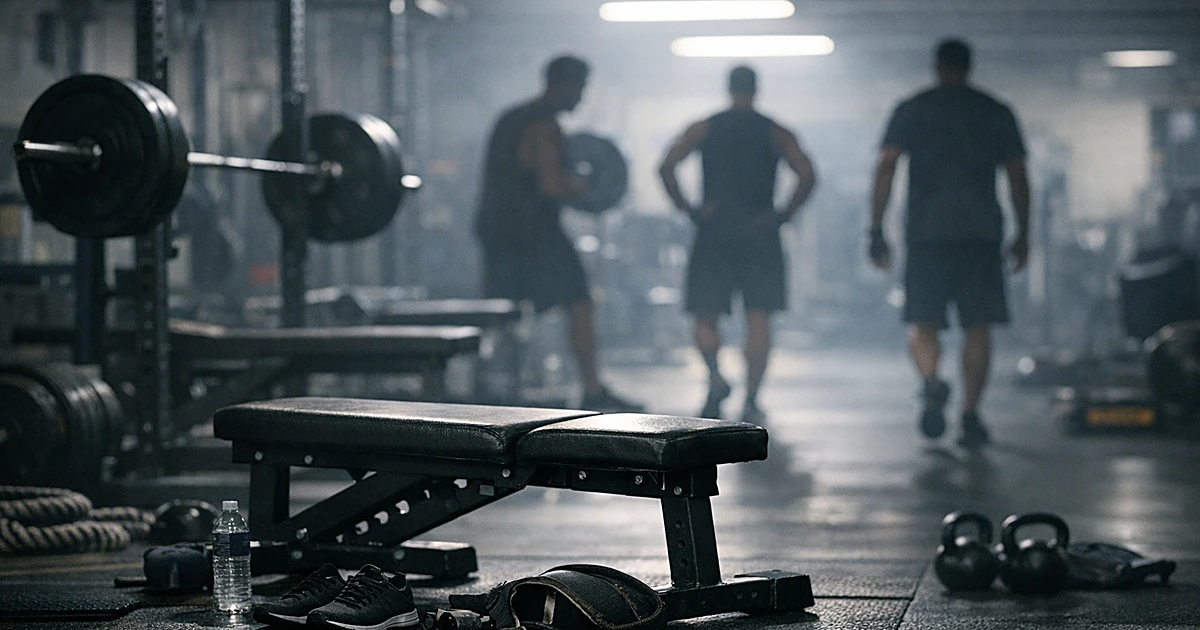 University weight room with training equipment and silhouetted figures under fluorescent lights