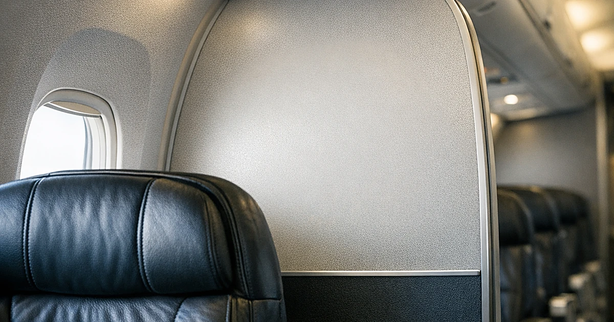 Airplane window seat with blank fuselage wall panel where window should be located in aircraft cabin