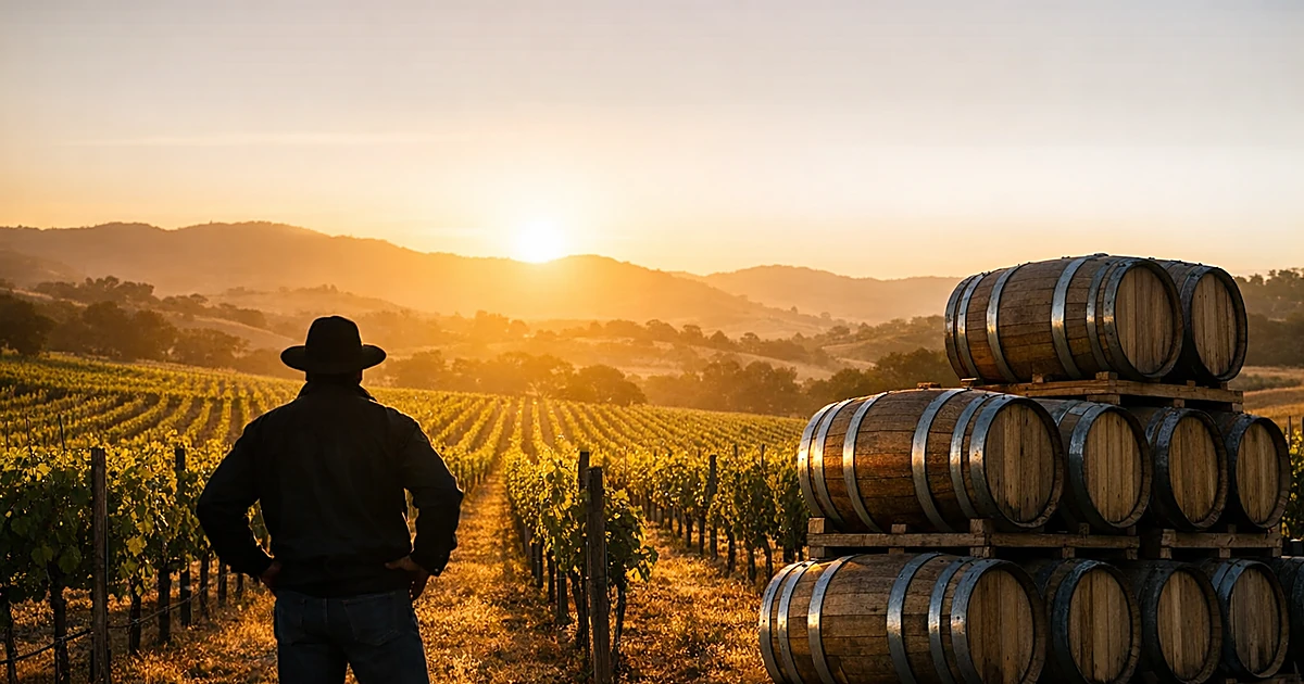 Silhouetted figure standing in California vineyard rows at sunset with stacked wine barrels in agricultural landscape