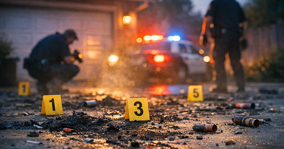 Residential driveway with burn marks and evidence markers as investigators work in background at dusk
