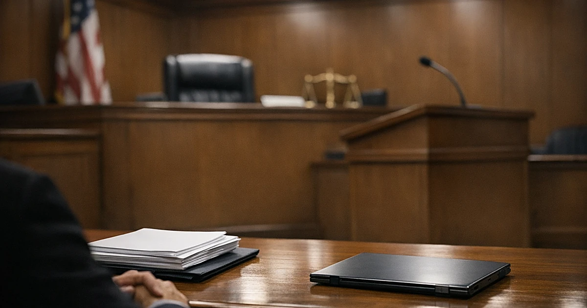 Empty federal courtroom with judge's bench and documents on prosecution table during legal proceedings