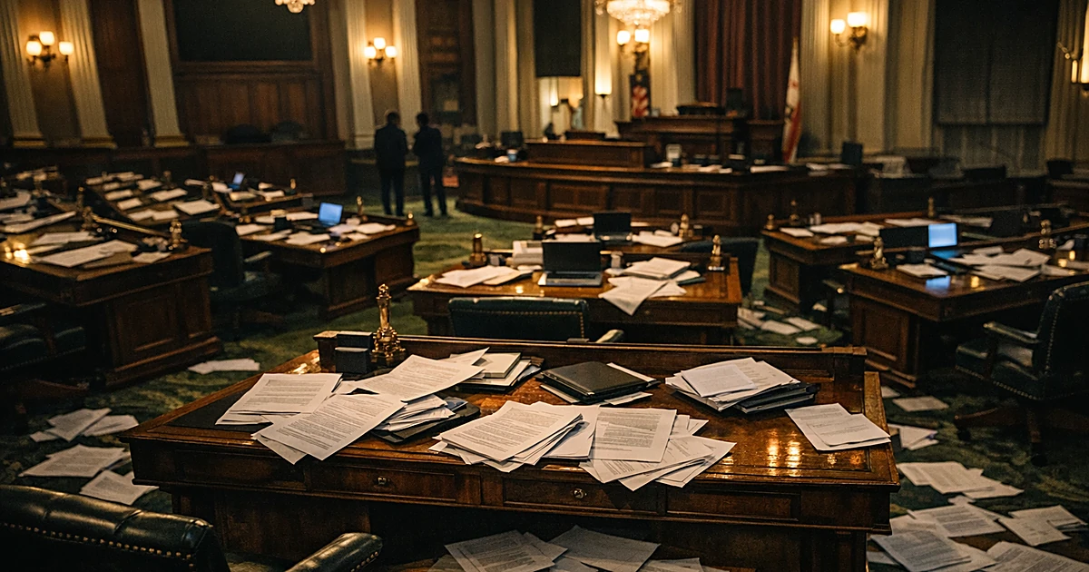 Empty California legislative chamber with scattered budget documents on desks under dramatic overhead lighting