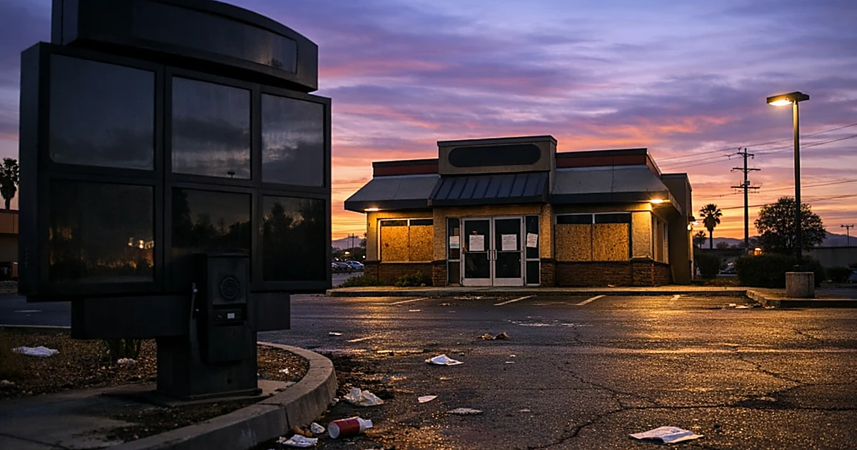 Abandoned fast-food restaurant with darkened drive-through and boarded windows at dusk in empty parking lot