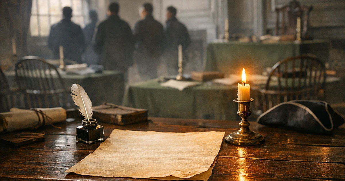 Colonial-era writing desk with blank parchment and quill pen in dimly lit historic room