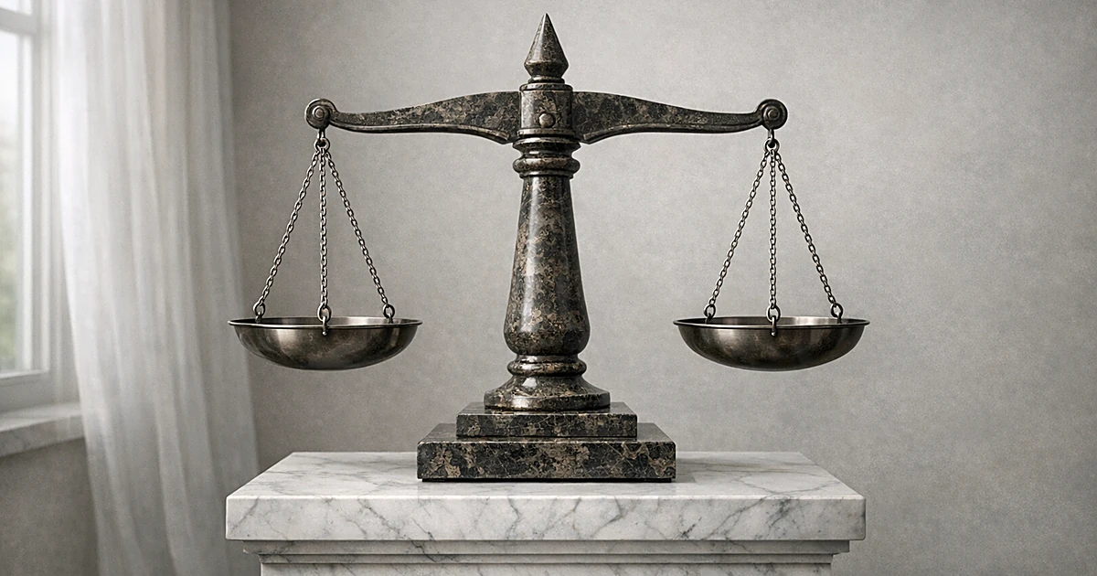 Abstract stone balance scale on marble pedestal with soft natural lighting