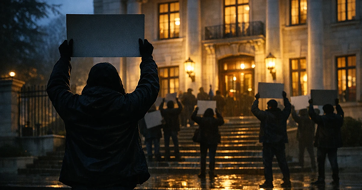 Silhouetted protesters with blank signs gathered at embassy entrance steps at dusk