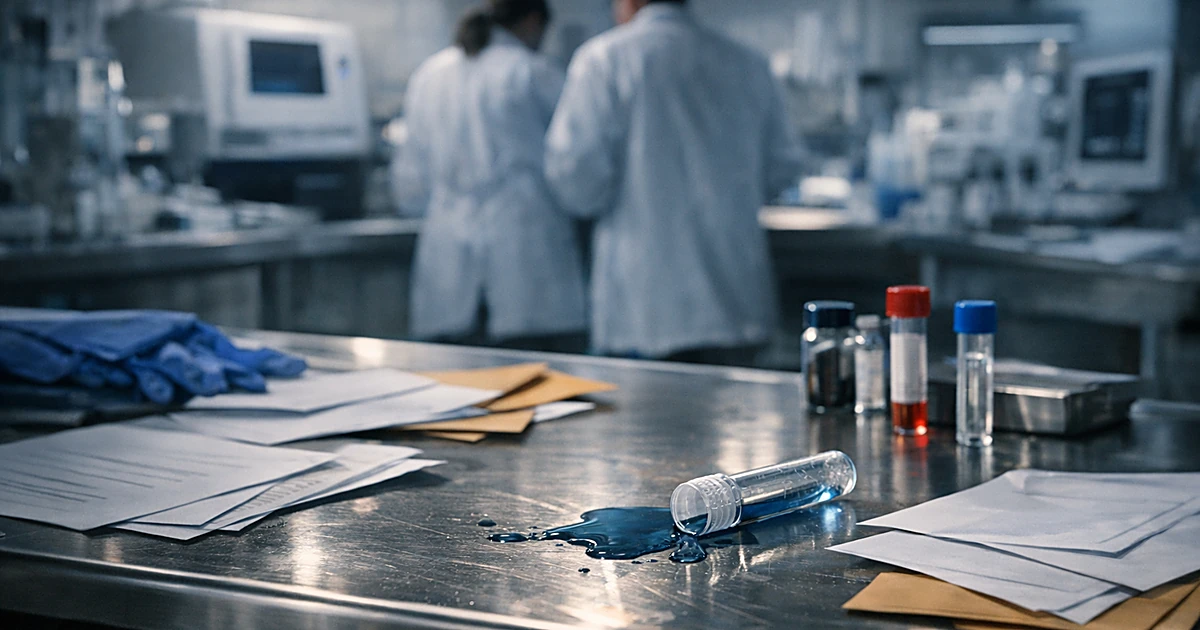 Forensic laboratory table with spilled evidence sample and scattered documentation in dramatic lighting
