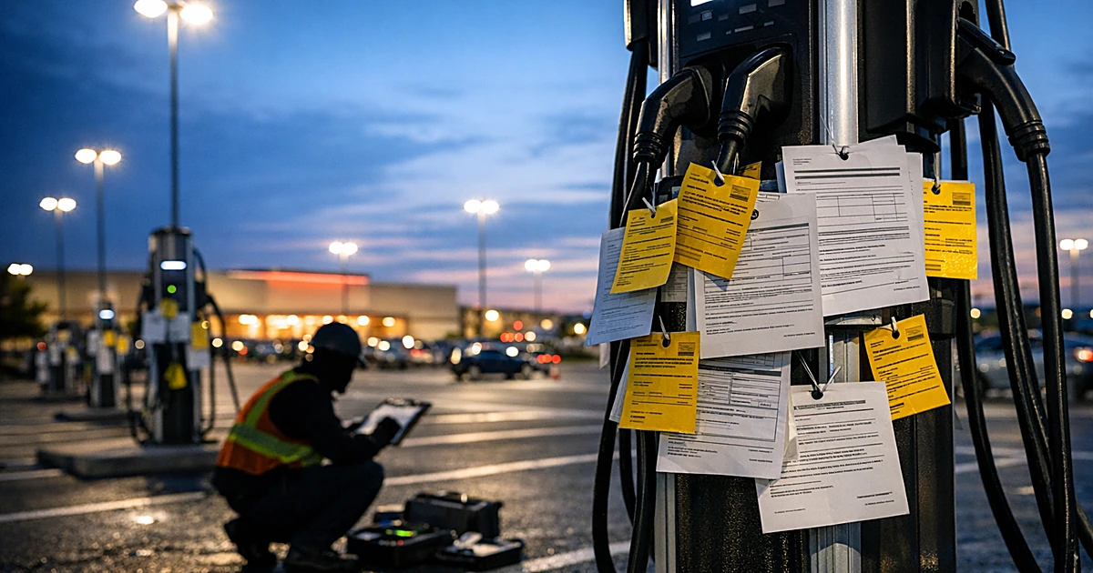 EV charging stations in retail parking lot with inspection tags and technician silhouette at dusk