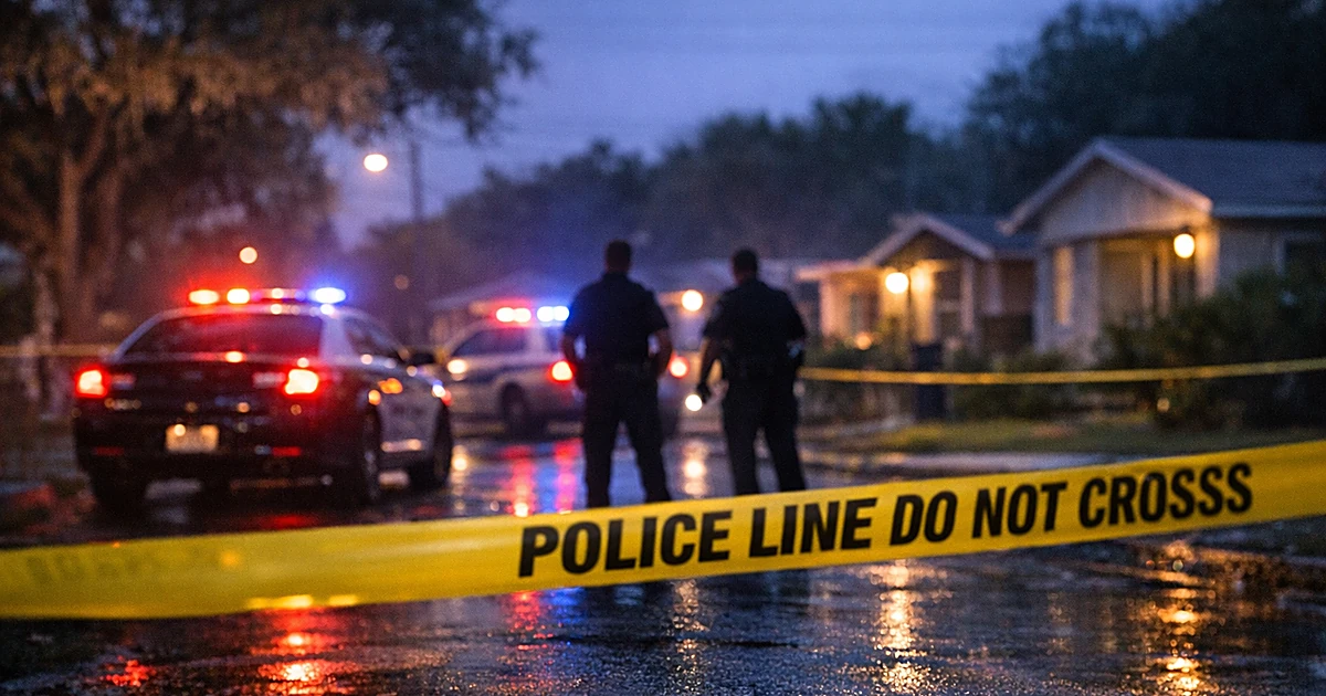 Police crime scene tape and patrol car emergency lights on a residential street at dusk