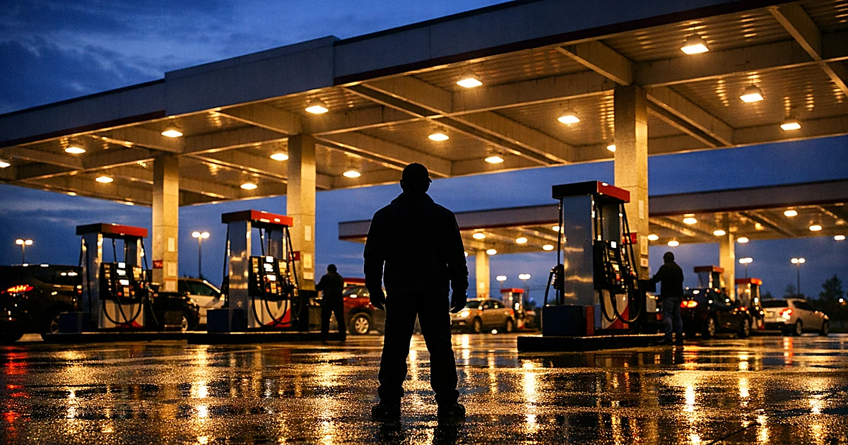 Costco gas station pump islands at dusk with silhouetted attendant figure standing between pumps under glowing canopy