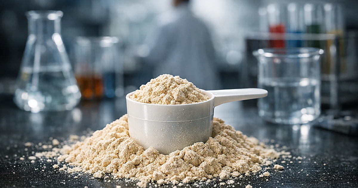 Protein powder scoop on counter with laboratory testing equipment in background