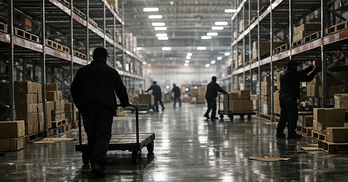 Empty warehouse store interior with bare shelving units and workers moving equipment in background