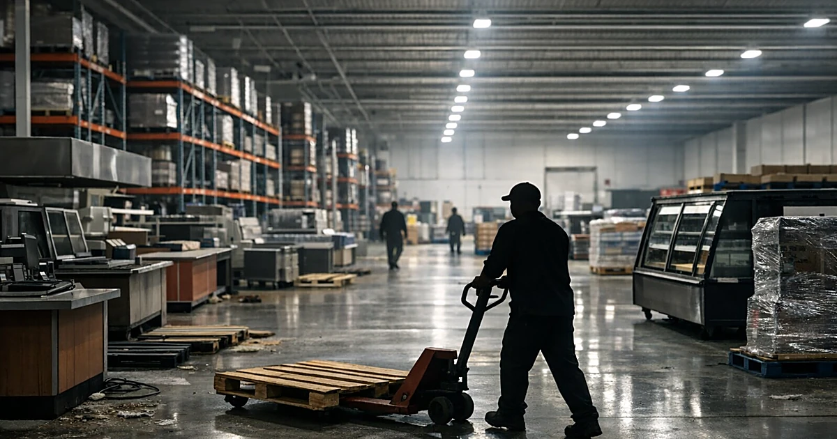 Warehouse worker moving pallets through large commercial storage facility with industrial shelving
