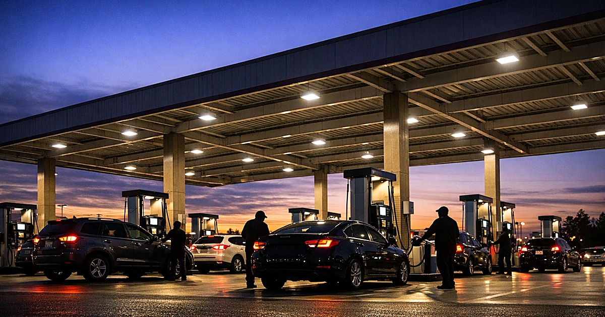 Wide view of Costco gas station at dusk with silhouetted customers at multiple fuel pumps under bright canopy lighting