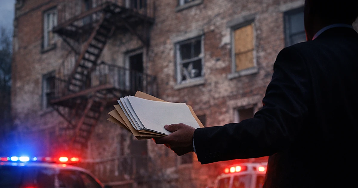 Neglected apartment building with broken windows and silhouetted figure holding documents under emergency lights