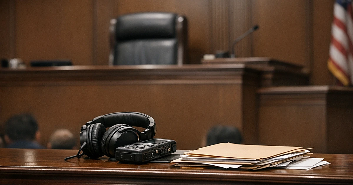 Empty federal courtroom bench with audio recording equipment and evidence folders in sharp focus