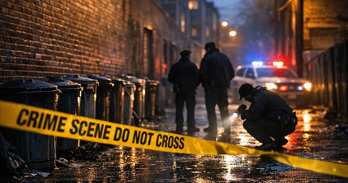 Crime scene tape fluttering in a dark urban alley with metal trash cans against brick wall at dusk