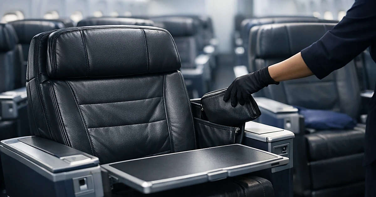 Empty first-class airline seat with no amenities, flight attendant arm removing items from seat pocket