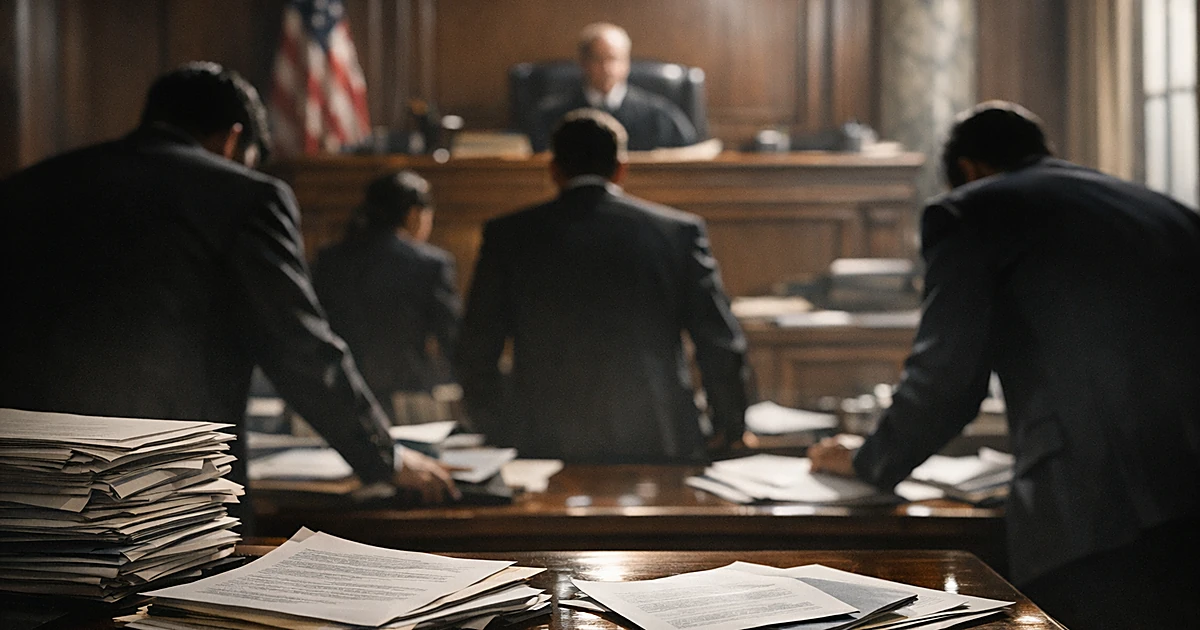 Federal courtroom with silhouetted attorneys at tables covered in legal documents during corporate merger litigation