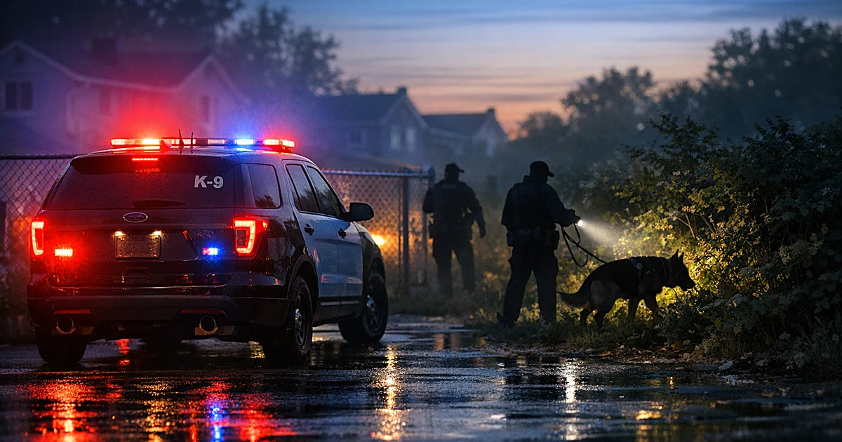Police K-9 unit vehicle with emergency lights active at residential area during dawn search operation