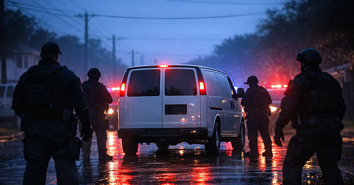 White van surrounded by law enforcement silhouettes on residential street at dawn with emergency lights
