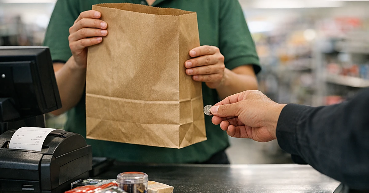 Hands exchanging coins for paper bag at retail checkout counter under fluorescent lighting