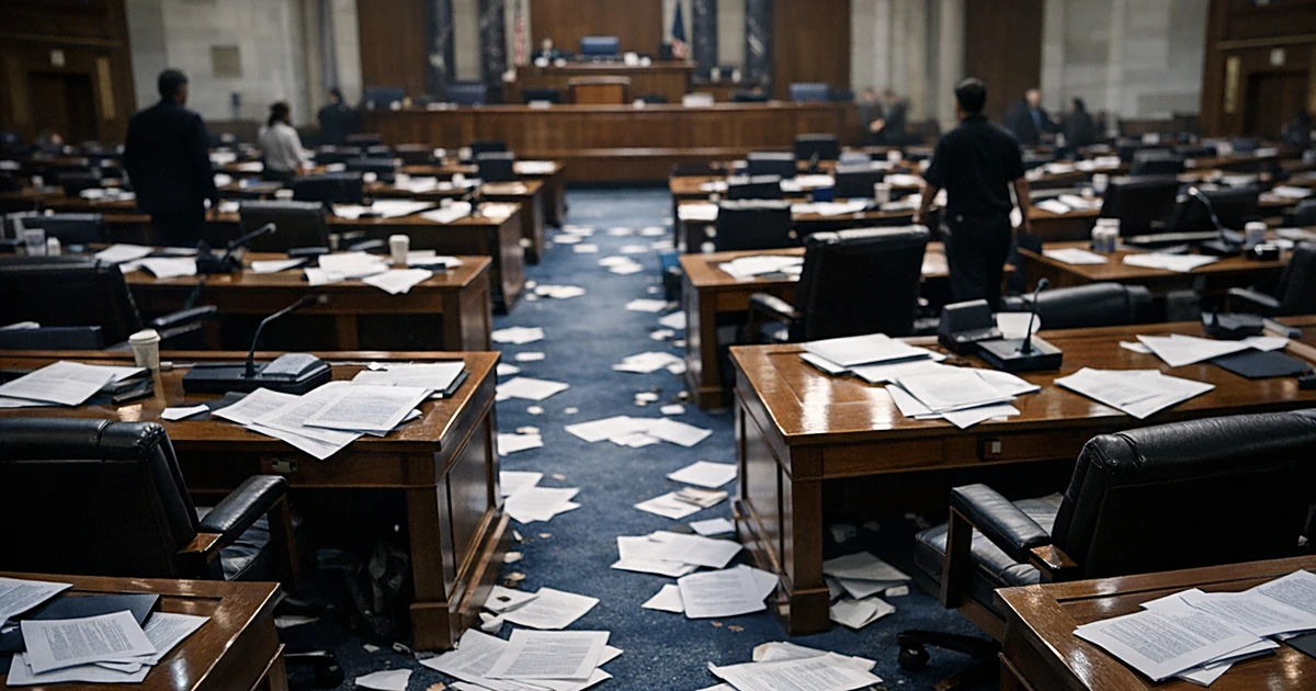Legislative chamber interior with scattered papers on desks and silhouetted figures moving through aisles