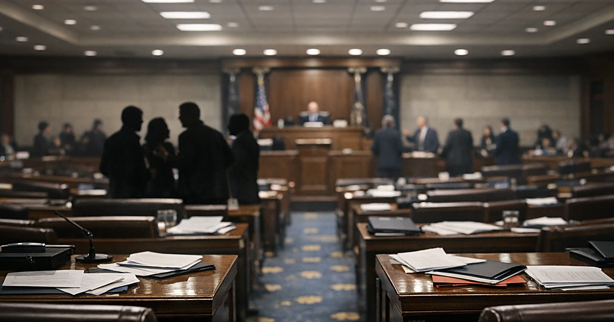 Interior of legislative chamber with scattered papers on desks and silhouetted figures in background