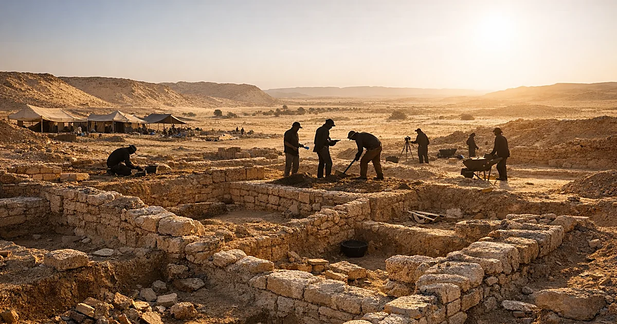 Archaeological excavation site showing ancient stone ruins emerging from desert sand with workers silhouetted at dusk