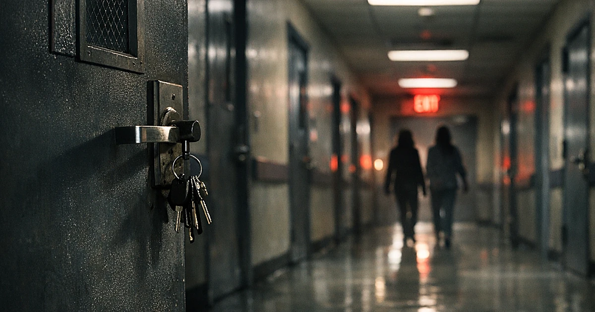 Institutional corridor with security door ajar and keys in lock at night in psychiatric facility