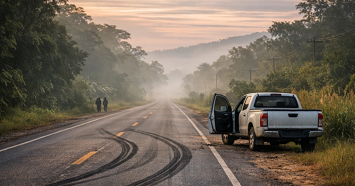 Empty rural highway in Thailand with pickup truck on shoulder and tire marks across asphalt at dawn