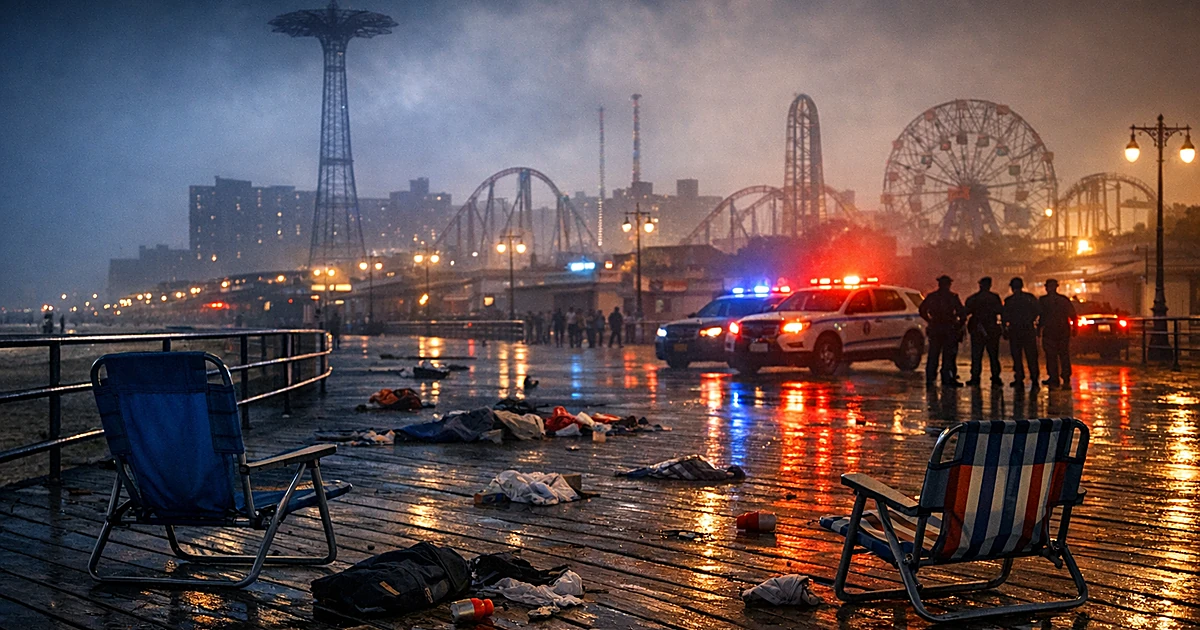 Empty Coney Island boardwalk at night with scattered belongings and emergency vehicle lights reflecting on wet wood