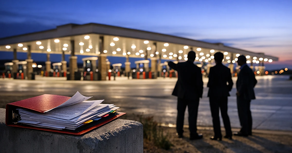 Large empty gas station with fuel pumps at dusk, regulatory binder in foreground, silhouetted figures in distance
