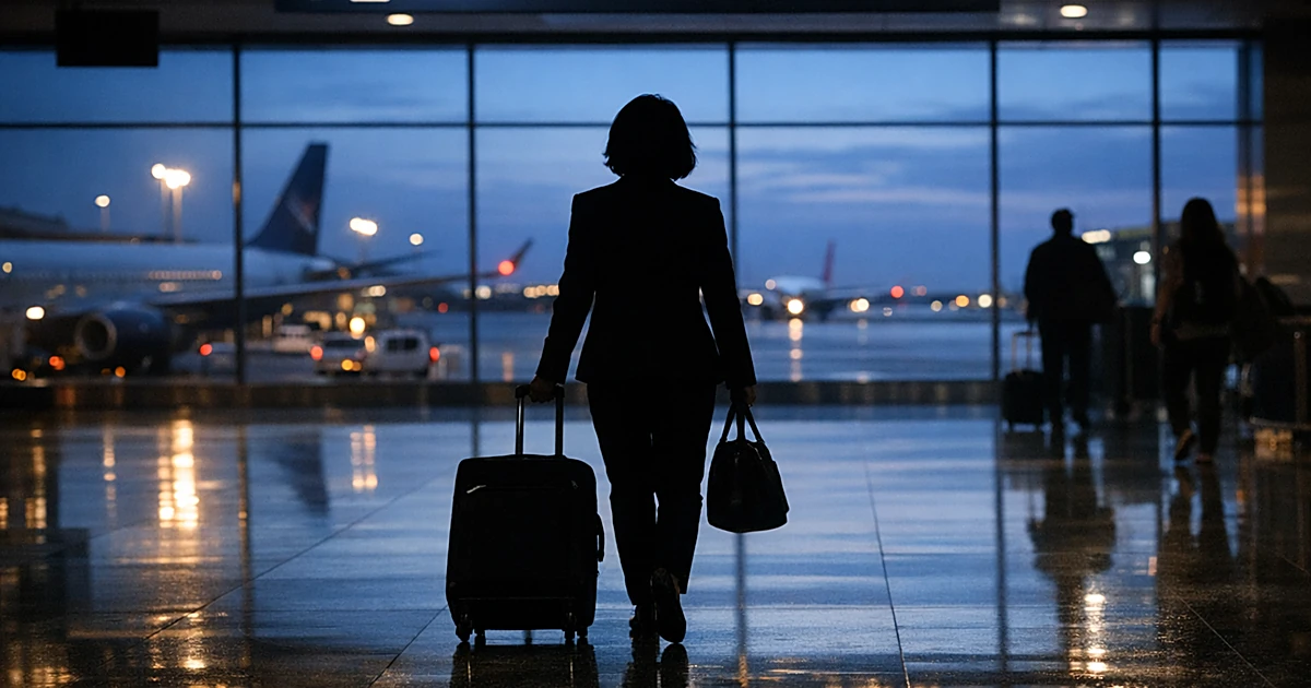 Silhouetted traveler with luggage walking through airport terminal at dusk with reflective floors